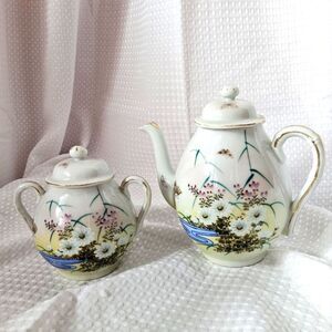 Vintage Japanese Porcelain Flower & Butterfly Teapot & Lidded Bowl